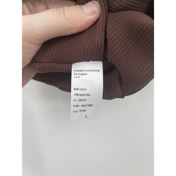 Naked Wardrobe Top Women Small Brown Ribbed Faux Bandage Wrap Cropped - Picture 3 of 7